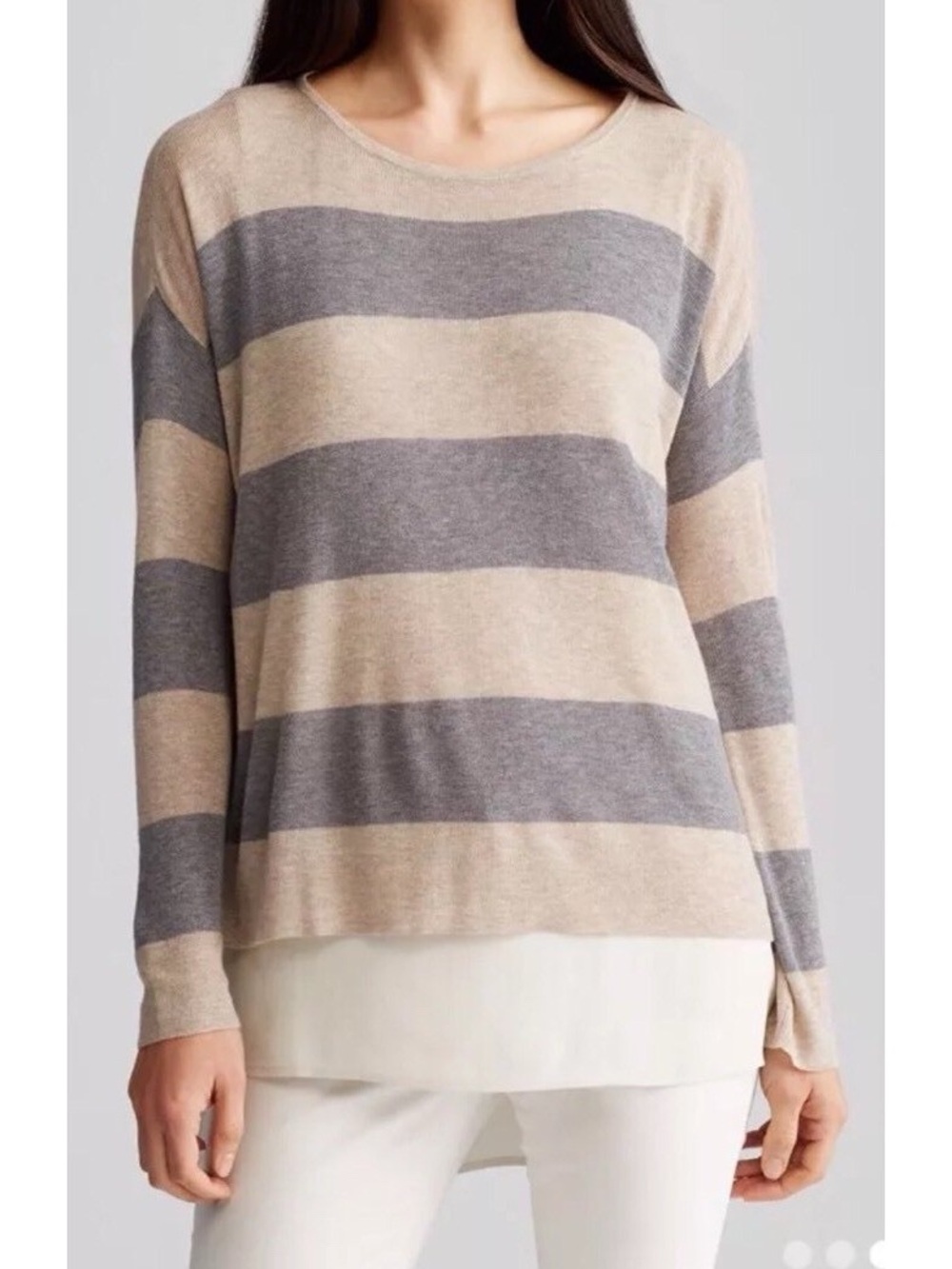 Eileen Fisher Women's Beige Grey Long Sleeve Wool Blend Sweater Shirt